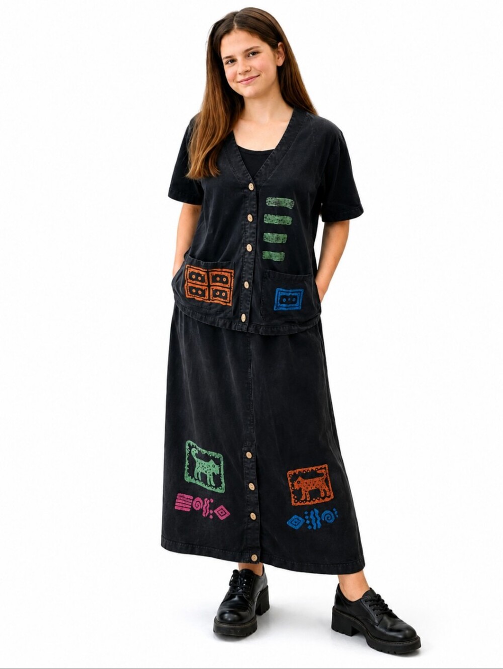 Vtg 90s Blue Cactus cotton knit maxi dress with vest  southwestern design sz M